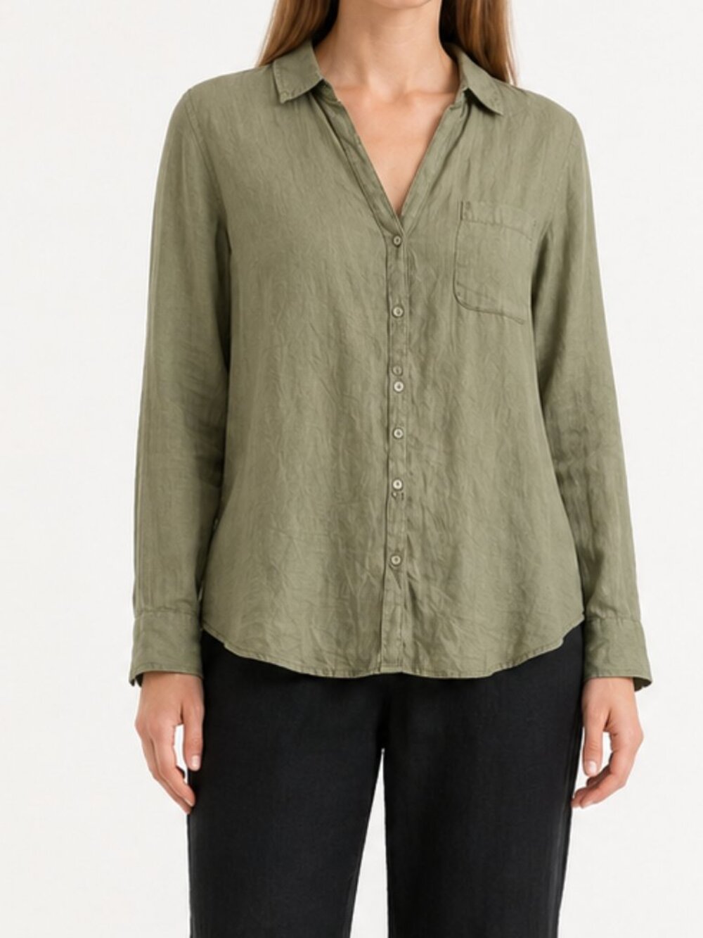 Sigrid Olsen Olive Green 100% Linen Button-Front Shirt Size Large